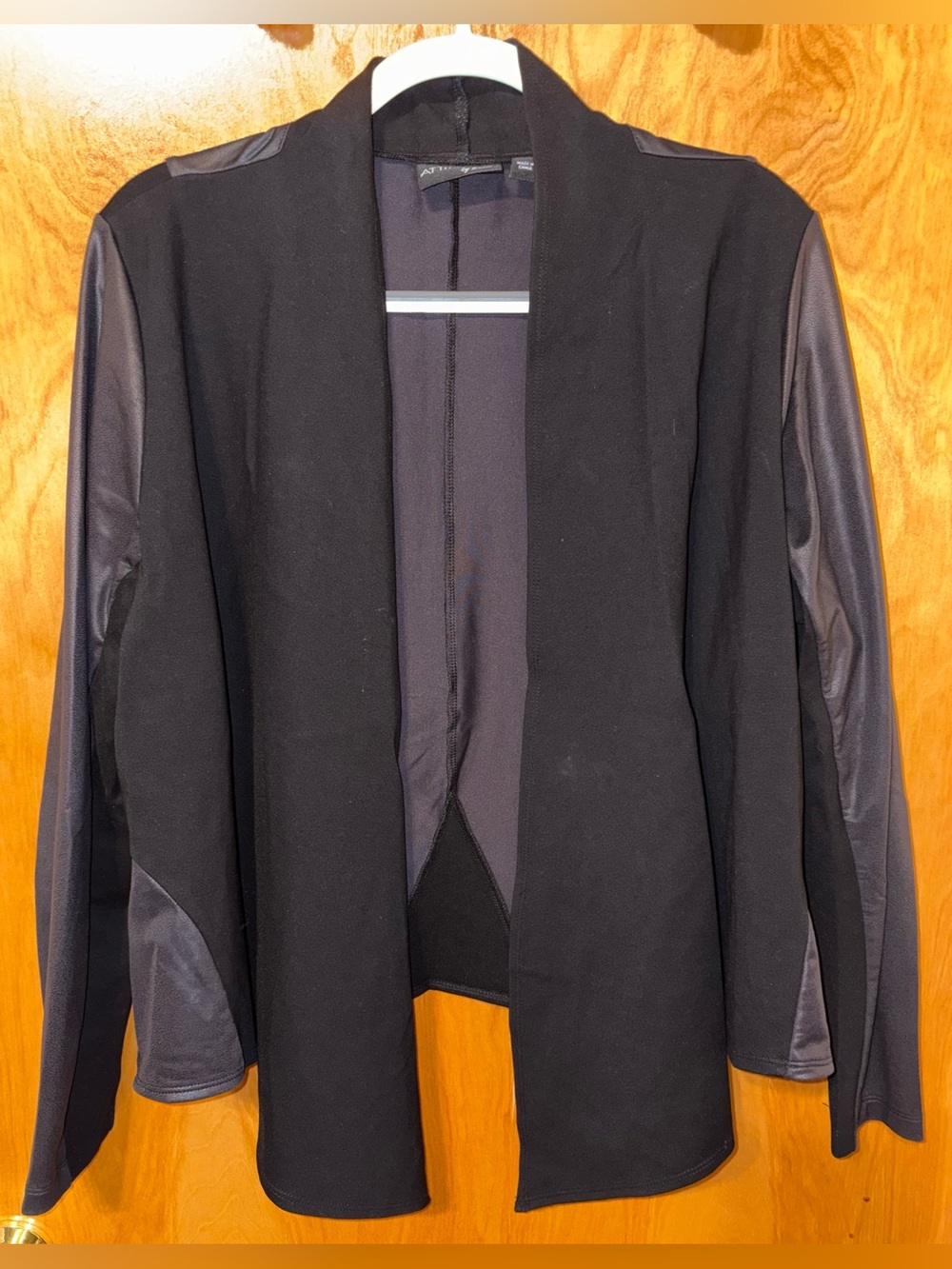 Attitudes by Renee black Luxe Ponte and faux leather open front jacket Size Larg